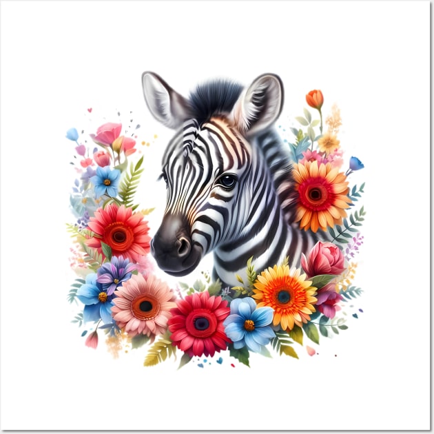 A baby zebra decorated with beautiful colorful flowers. Wall Art by CreativeSparkzz